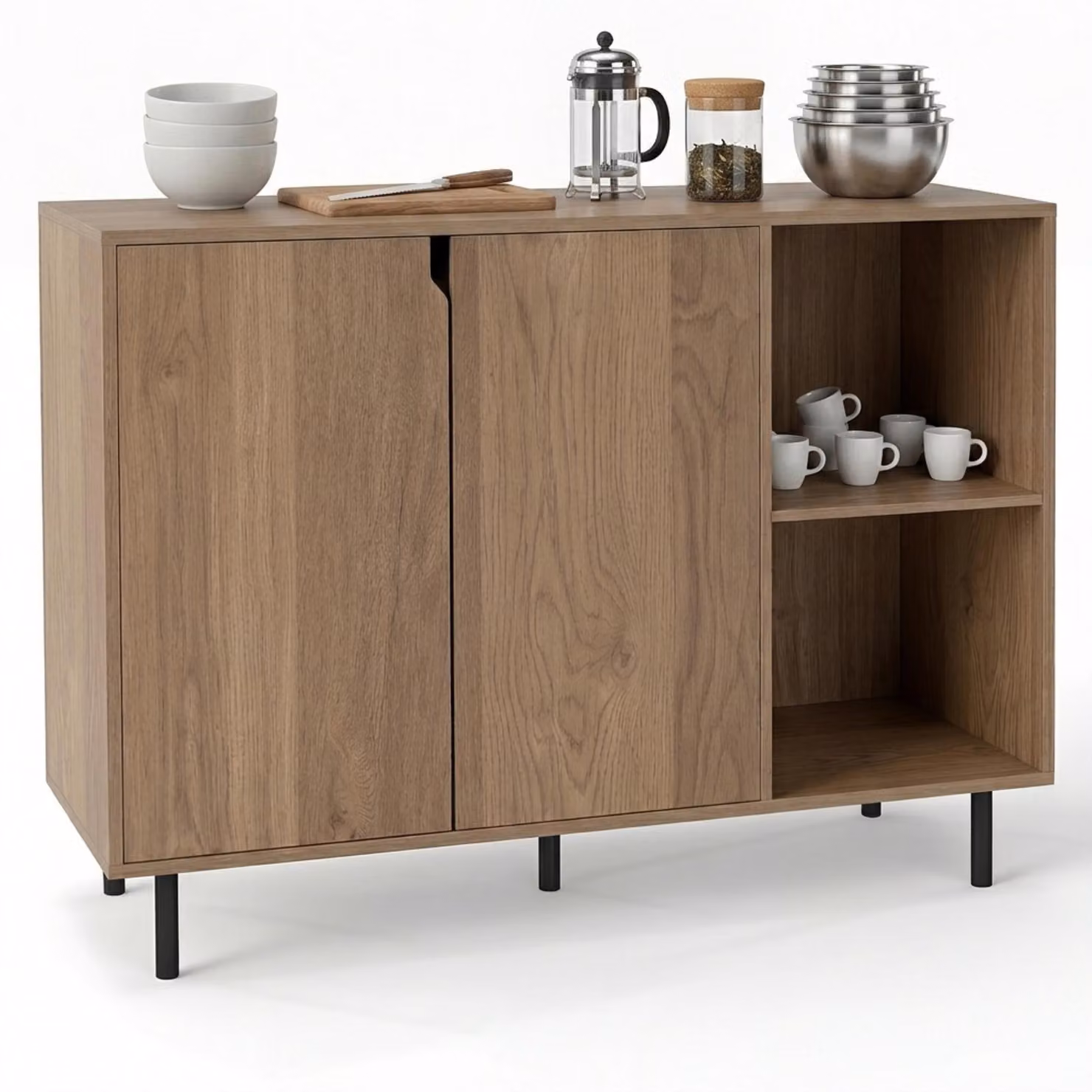 Mobiletto da cucina KOMFOTTEU, credenza con 2 ante, 2 ripiani aperti e ripiani interni regolabili, mobile per soggiorno con 5 gambe in metallo, adatto per sala da pranzo e cucina