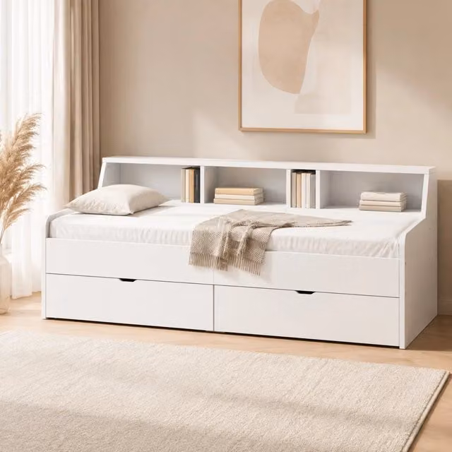Letto da giorno ULEVR 90x200 cm con 2 cassetti e 3 vani portaoggetti, pino e MDF bianco