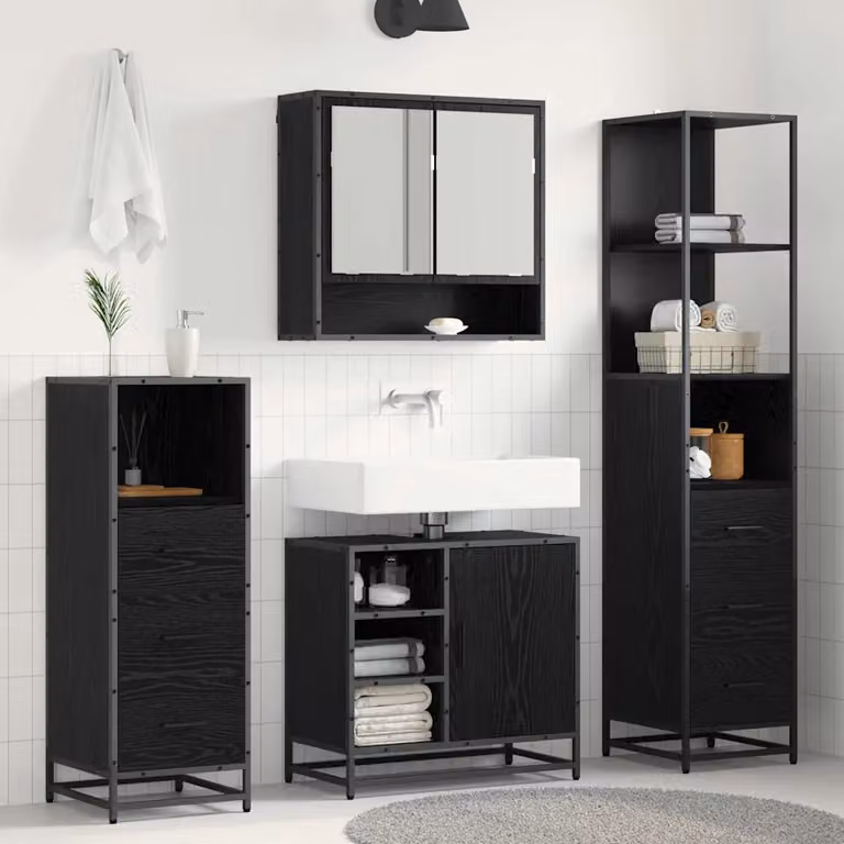 Set di mobili per il bagno vidaXL 3 pezzi in rovere e nero con armadietto a specchio e mobile lavabo, H x L x P: 166 x 33 x 62,67 cm