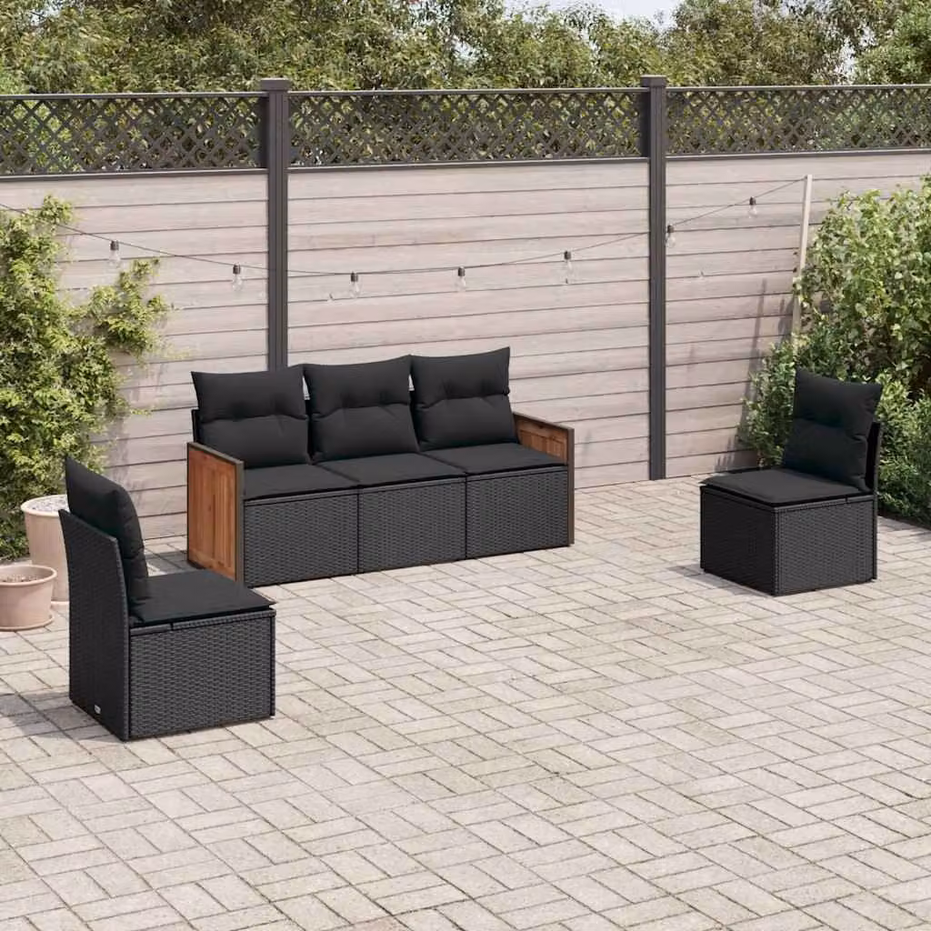 vidaXL Set Divani da Giardino a L 5 pz con Cuscini Neri in Polyrattan e Acciaio – 1