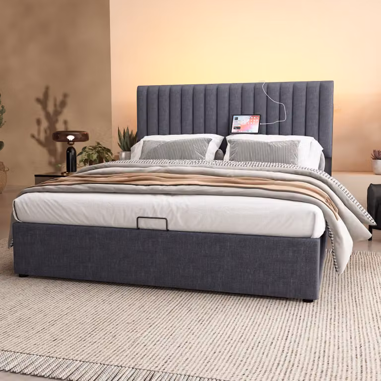 okwish 160x200 cm Letto matrimoniale imbottito Letto controllato da app LED con funzione di ricarica USB Tipo C, spazio per riporre oggetti e testata regolabile, griglia in legno, Grigio (senza materasso)