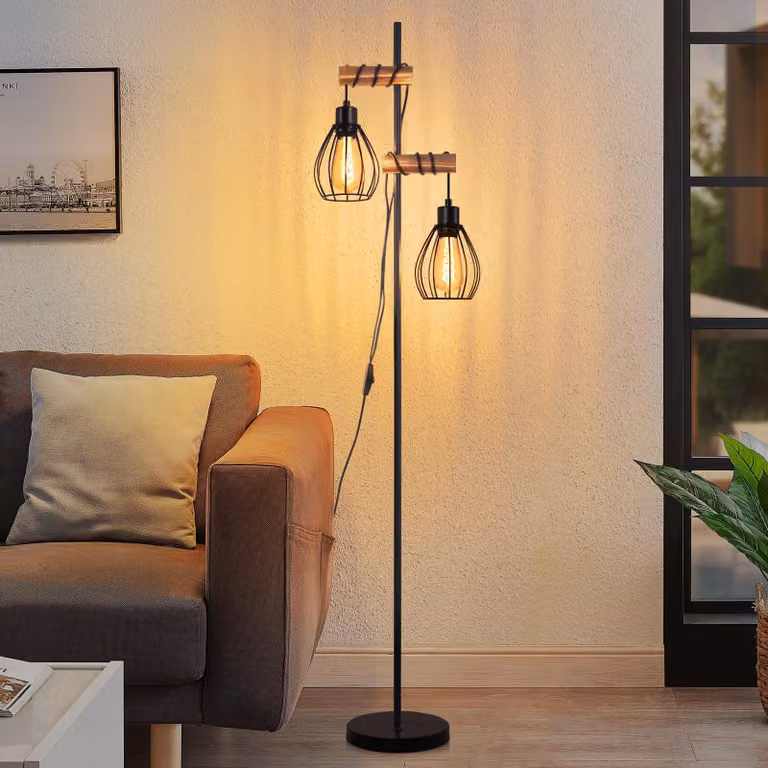 ZMH lampada da terra in metallo nero lampada da terra in legno soggiorno vintage lampada da terra 2 fiamme in industriale con interruttore E27 presa 152cm lampada da terra retrò