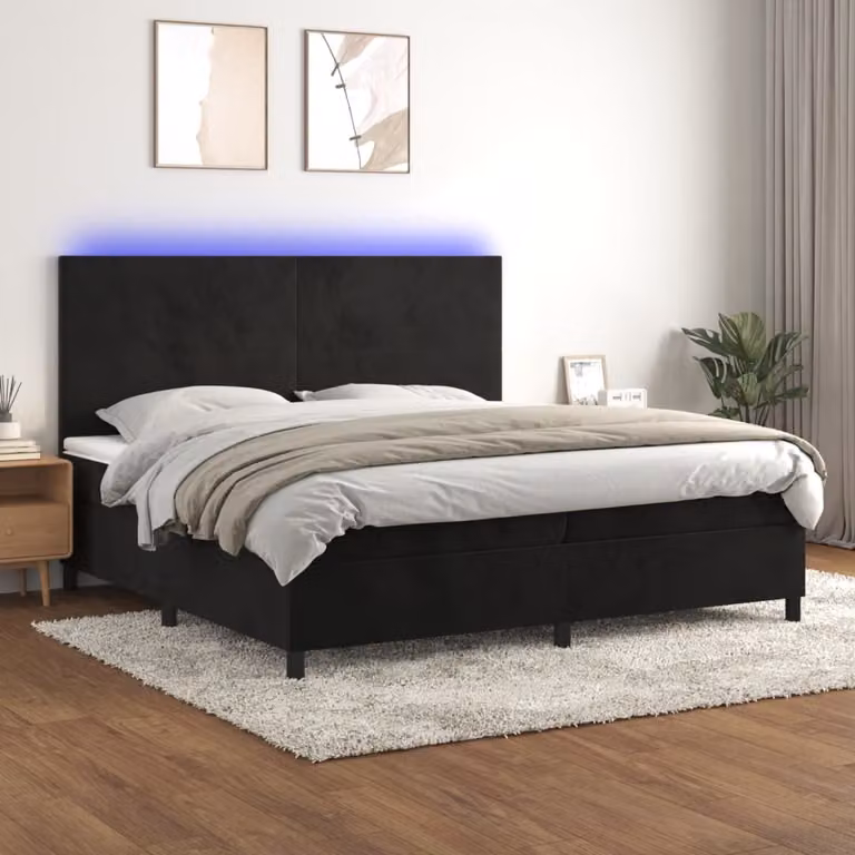The Living Store Letto a molle con materasso e LED nero 200x200 cm in velluto