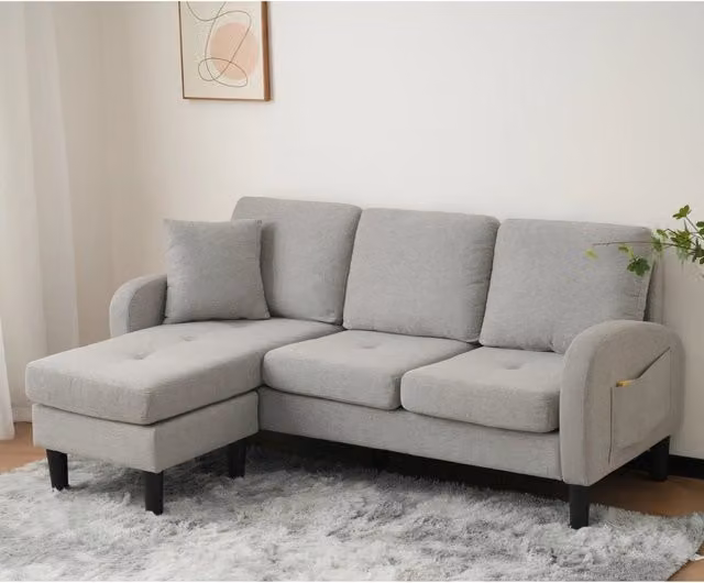 Divano angolare modulare ULEVR 166x118x77 cm, 3 posti con chaise longue reversibile, tessuto misto cotone-lino grigio
