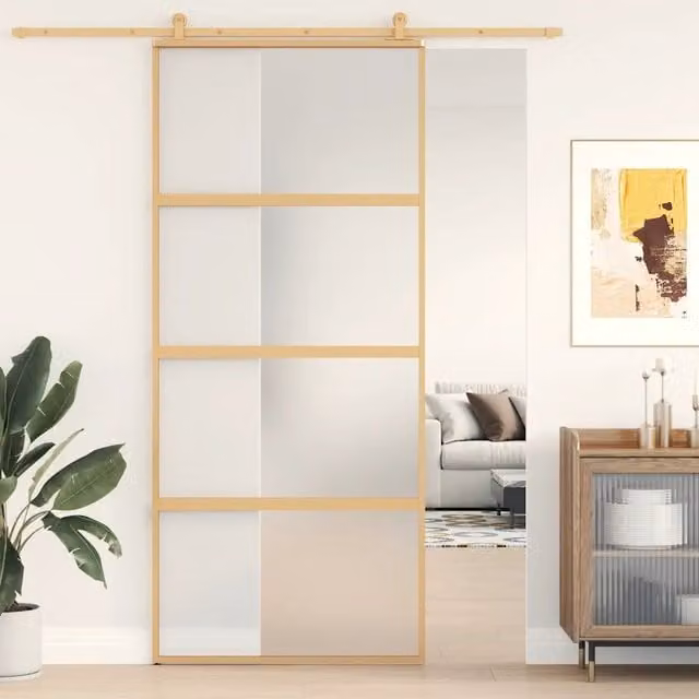 Porta Scorrevole vidaXL in Alluminio e Vetro Smerigliato, Colore Oro, L: 90 cm, H: 205 cm