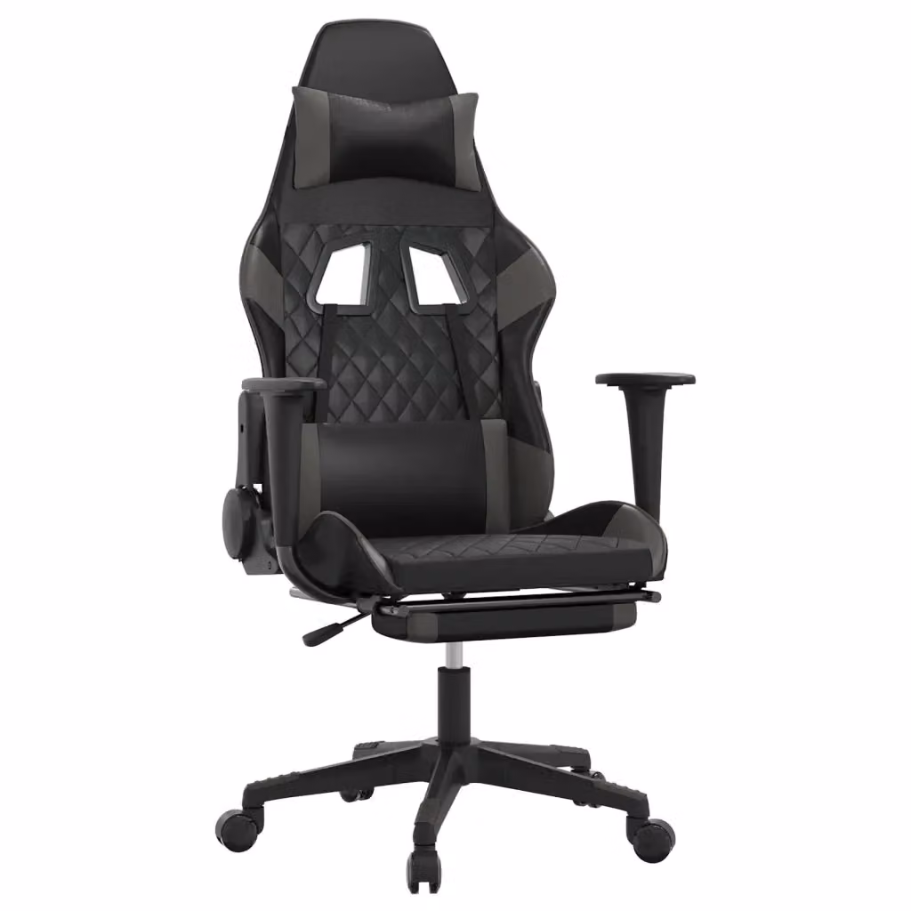 Sedia da Gaming vidaXL con Poggiapiedi, Rivestimento in Similpelle, Colore Nero e Grigio, Ruote e Braccioli – 2