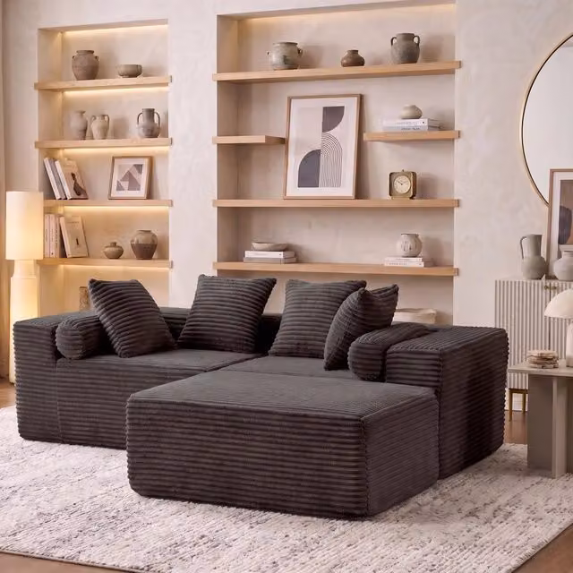Divano modulare 266.0x110.0x60.01 cm con chaise longue in schiuma e molle nero