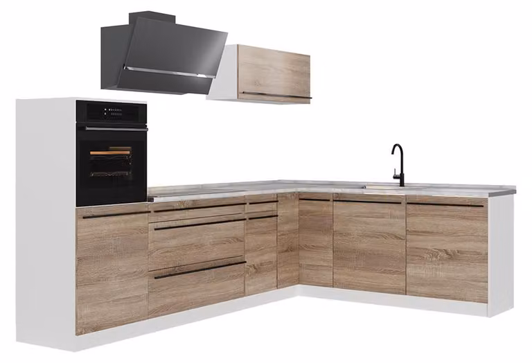 Cucina angolare completa Vicco R-Line Sonoma/Bianco 287 x cm piano di lavoro Marmo, Model 67543