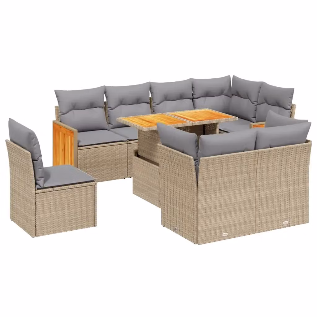 vidaXL Set Divano da Giardino 9 pz in Polyrattan Beige con Cuscini e Tavolino da Esterno – 2