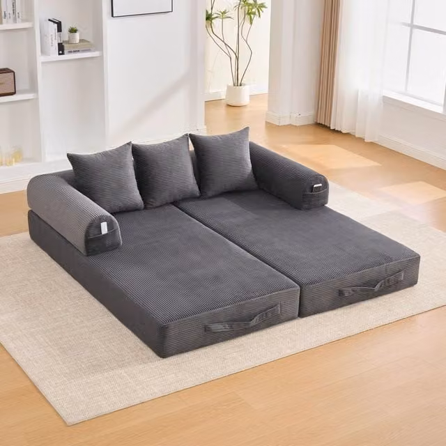 Divano modulare MIVRAY in velluto a coste grigio con struttura in metallo e cuscini per soggiorno L: 200 cm, P: 94 cm, H: 67 cm