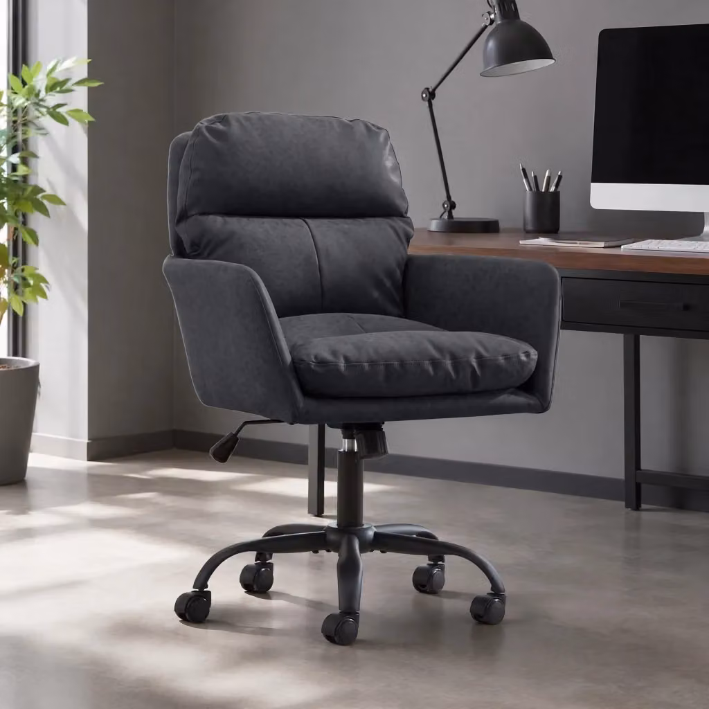 Sedia da ufficio ergonomica girevole REDOM in similpelle nera con struttura in metallo e braccioli – 2