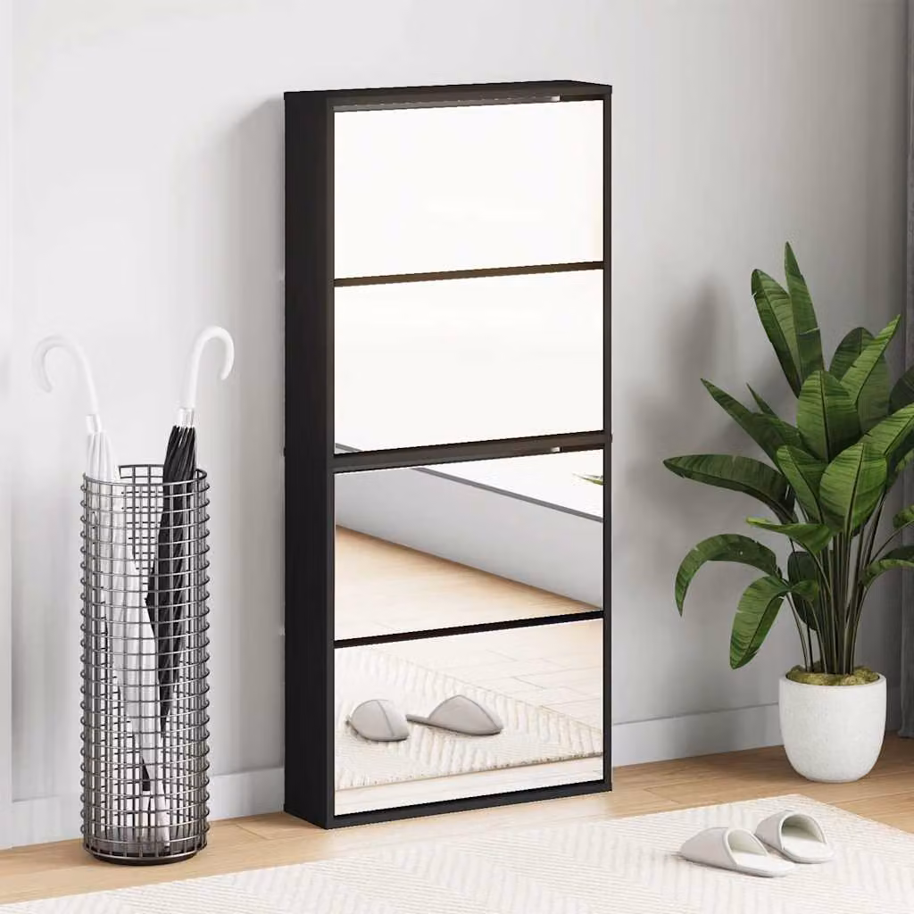 Scarpiera con specchio vidaXL nera con scomparti basculanti L: 63 cm, P: 17 cm, H: 134 cm – 1
