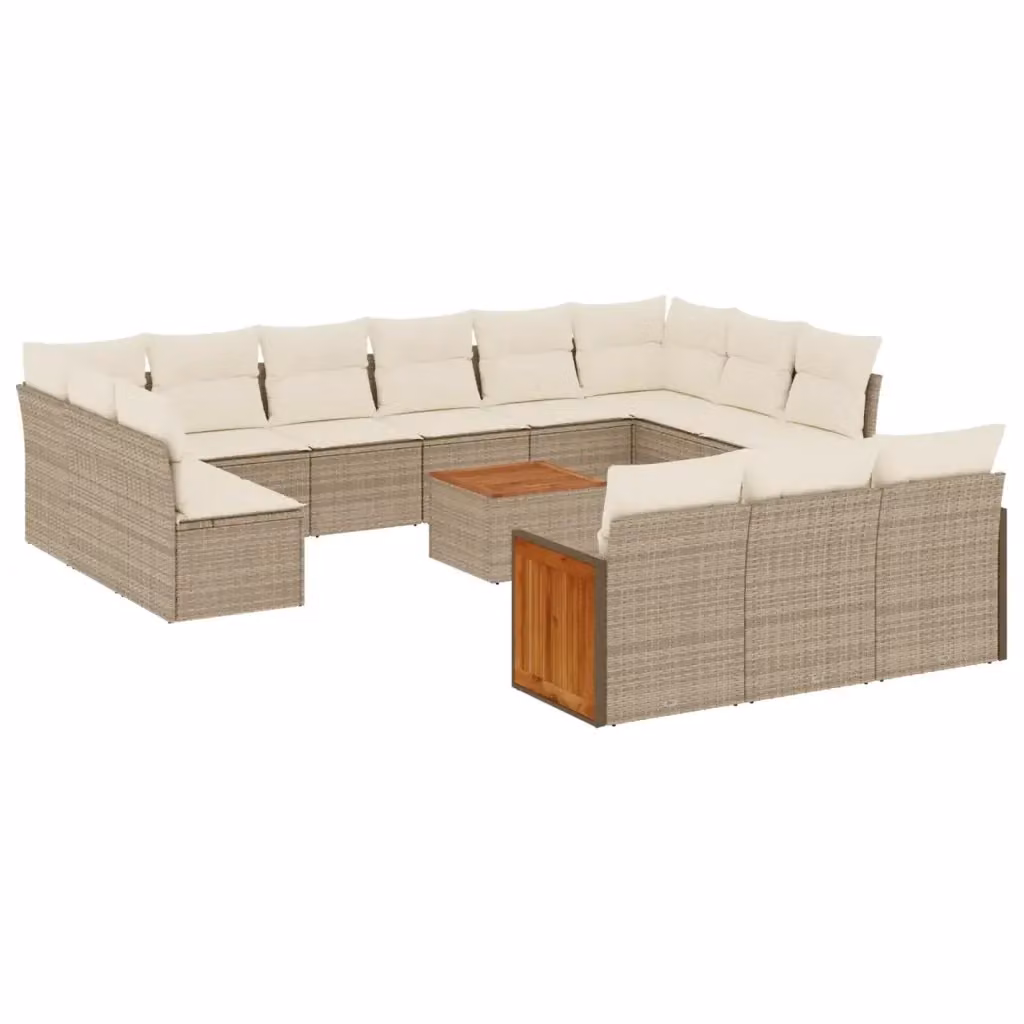 Set Divani da Giardino a Forma di U vidaXL con Tavolino e Cuscini Beige e Bianco in Polyrattan e Legno di Acacia – 2