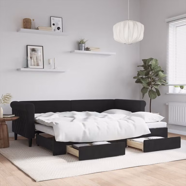 vidaXL Divano Letto Estraibile con Cassetti in Velluto Nero L/P/H: 229 x 80 x 90 cm
