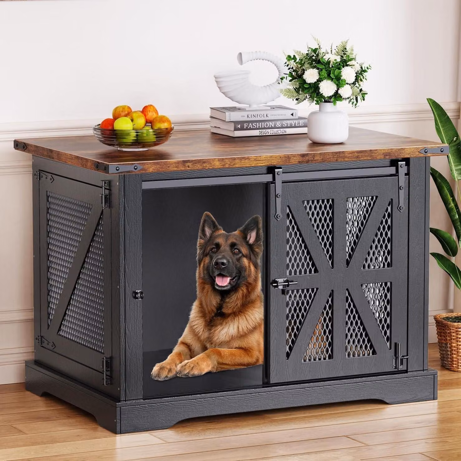 Gabbia per cani da 110 cm, trasportino per cani con tre porte, porta scorrevole, struttura in legno e rete metallica, colore nero, dimensioni 110x74x81 cm