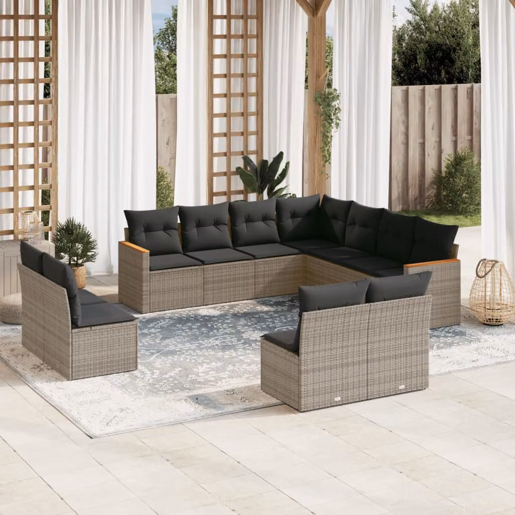 vidaXL Set Divani da Giardino a L 11 pz in Polyrattan Grigio con Cuscini Imbottiti e Rivestimenti Rimovibili – 1