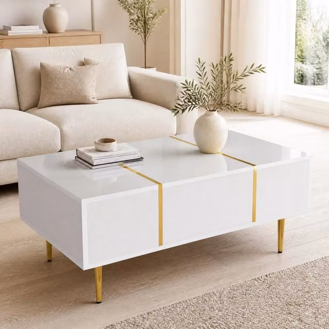 Tavolino da caffè bianco lucido con 2 cassetti, dettagli dorati, 100 x 60 x 41,5 cm