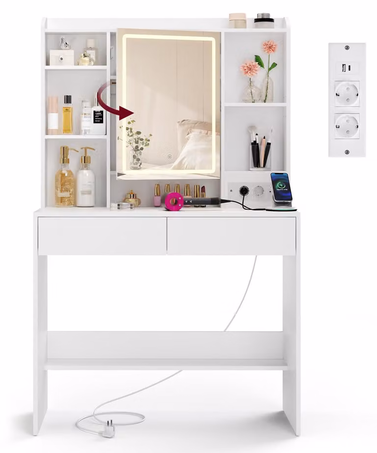 VASAGLE, tavolino da trucco con illuminazione, specchio a LED e 2 cassetti – Bianco