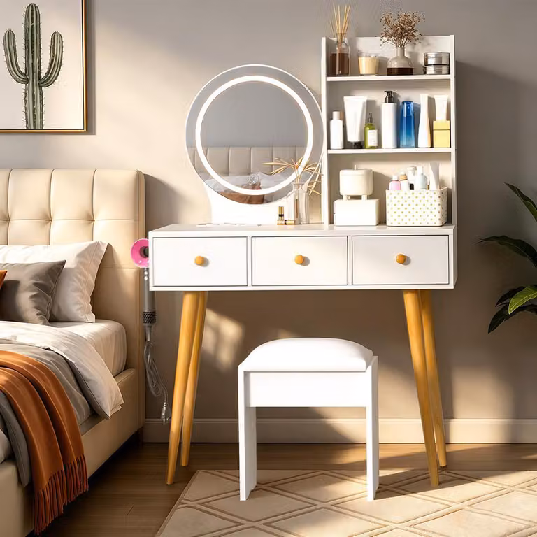 Toeletta con sgabello, specchio a LED, presa multipla e supporto per asciugacapelli – 3 tonalità di luce regolabili, MDF bianco, 90 x 40 x 135 cm
