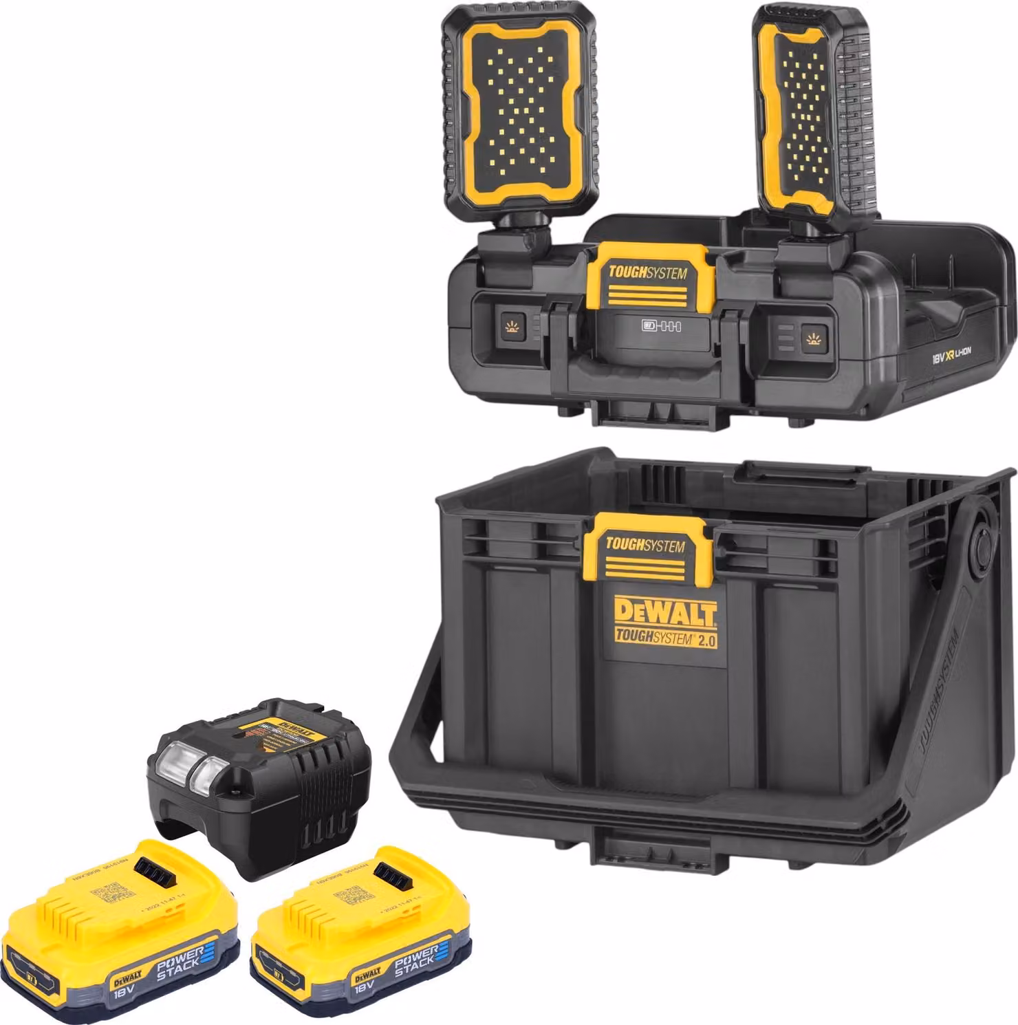 DeWalt DWST08061-1 Cassetta degli attrezzi con luci integrate 395 x 352 x 255 mm ToughSystem 2.0 + 2x batteria Powerstack 1,7 Ah + caricabatteria