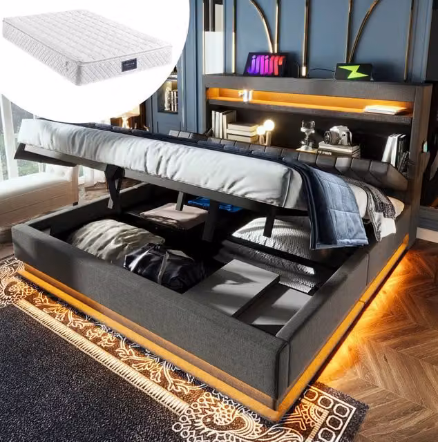 Letto matrimoniale 160x200 cm con contenitore idraulico; LED; USB-C e materasso; grigio