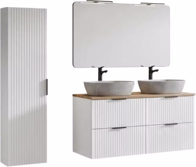 Set da bagno NOXERA Meublorama con doppio lavabo, colonna e specchio con illuminazione LED, Bianco alpino e Quercia wotan, L: 120 cm, P: 46 cm, H: 140 cm