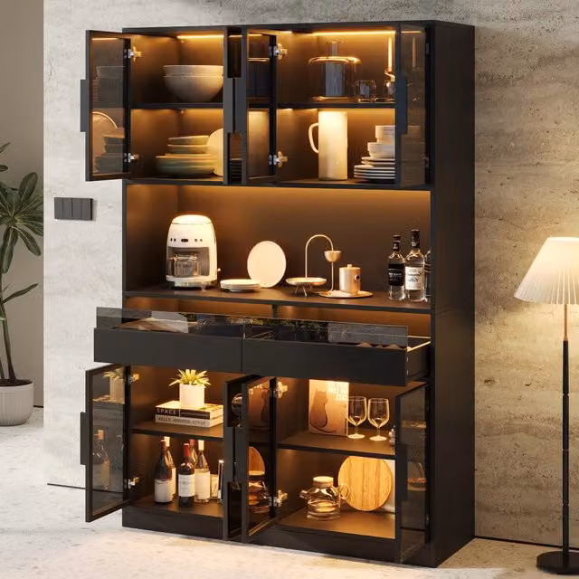 Vetrina con LED a colori 8 ante in vetro 2 cassetti e vano aperto per soggiorno e cucina nera 120 × 40 × 180 cm