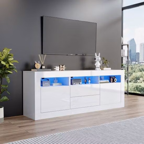 Mobile TV silenzioso con illuminazione a LED, 3 ripiani aperti, 2 ante, 2 cassetti, comando tramite app, per TV da 70 pollici, bianco