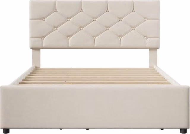 Letto matrimoniale con letto estraibile in velluto beige, senza materasso, L/P/H: 140 x 200 cm con letto aggiuntivo 90 x 190 cm