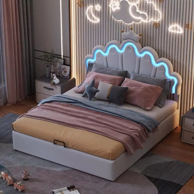 Letto imbottito 140 × 200 cm con LED regolabili e vano contenitore idraulico in similpelle PU bianco con corona