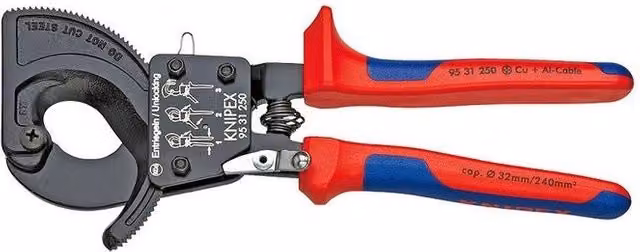 Knipex Tagliacavi Manuale con Sistema a Cricchetto per Cavi in Rame e Alluminio, Blu e Rosso, Lunghezza: 250 mm
