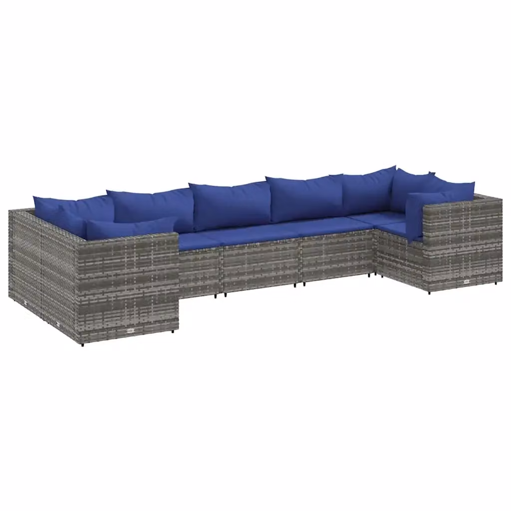Set di divani da giardino vidaXL 7 pz a forma di L in rattan con cuscini blu e struttura in acciaio grigio – 2