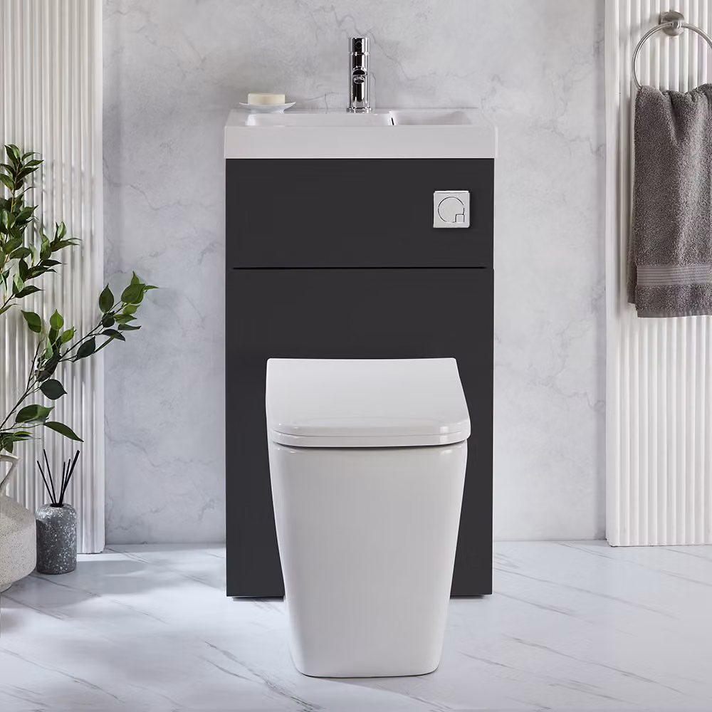Set Sanitario Sanford Moderno con Lavabo Integrato - Grigio Nero - 500mm x 890mm - Pulsante di Scarico Cromato
