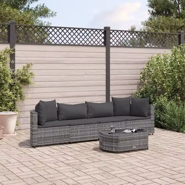 Set Divano da Giardino 5 pz con Cuscini-Sofa da Giardino-Divanetto da esterno Grigio in Polyrattan 538544