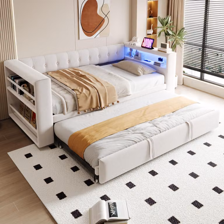 MODFU: Letto imbottito 90/180x190, divano letto 90/180x190, letto a scomparsa nel bracciolo con illuminazione LED, letto matrimoniale con spazio contenitore e cassetti, tessuto in flanella, colore beige, senza materasso