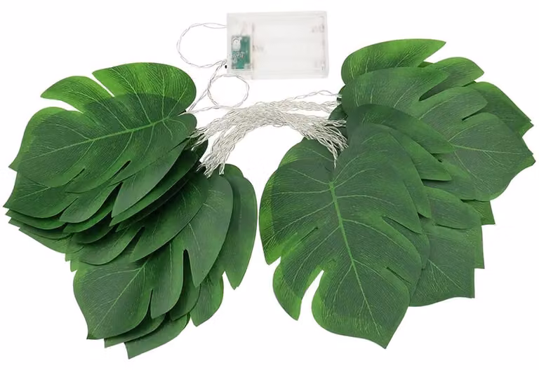 Catena luminosa con 20 LED, lunghezza 3 metri, decorata con foglie di Monstera, colore verde, alimentata a batteria