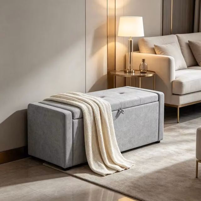 Panca contenitore 2 posti con seduta imbottita e bottoni per camera in tessuto effetto lino grigio chiaro 122×48×44 cm