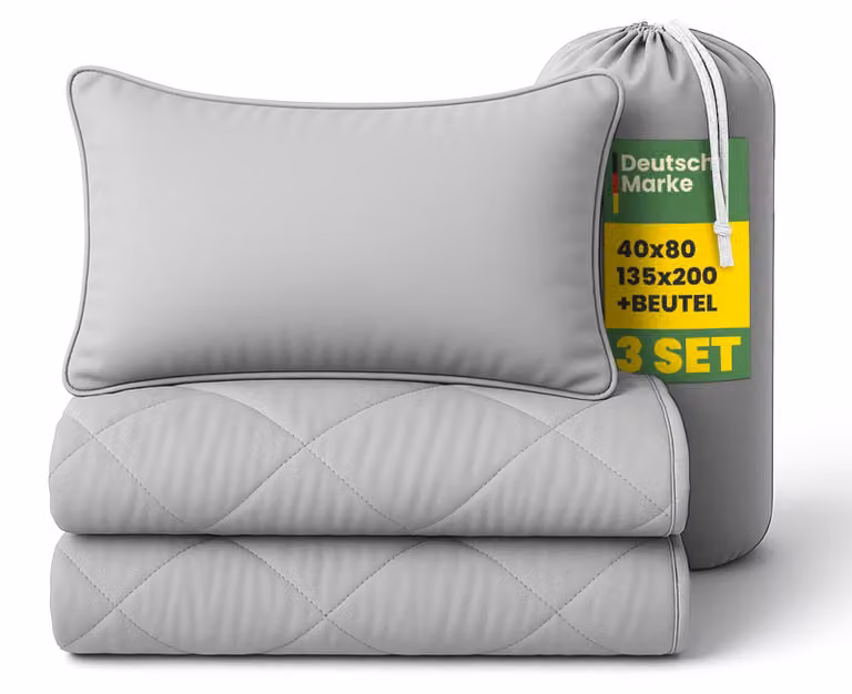 Set da letto da viaggio 135x200/40x80 cm, 2 pezzi, antracite/grigio, microfibra, piumino estivo e cuscino con borsa inclusa, compatto per campeggio, vacanze, letto per gli ospiti