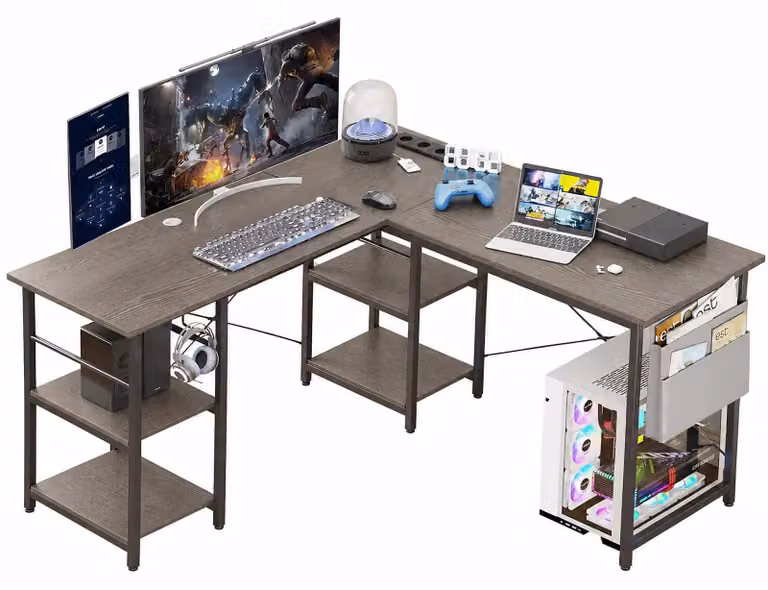 Scrivania angolare AIORBER, scrivania per computer con presa di corrente e porta USB, scrivania da ufficio con scaffali e tasca laterale, scrivania per gamer, ideale per l'ufficio domestico, colore grigio