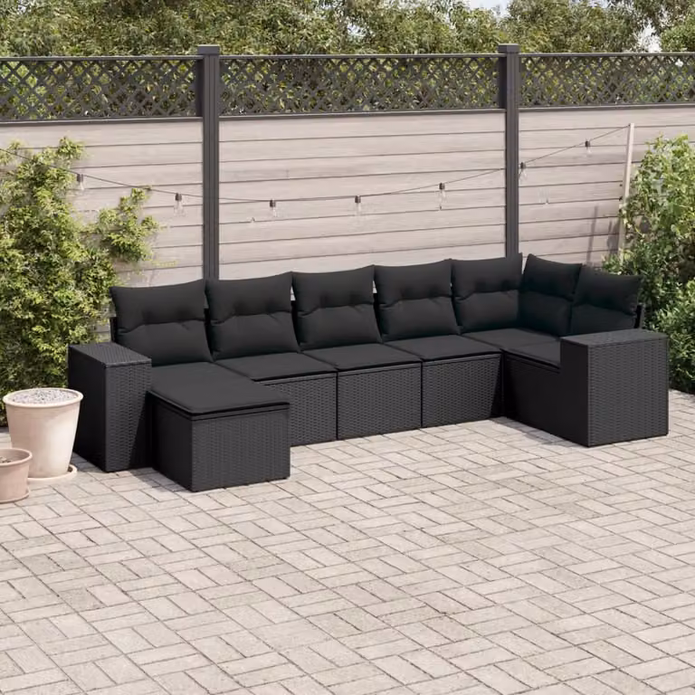Set di divani da giardino vidaXL a forma di L con 7 pezzi e cuscini, polyrattan nero e struttura in metallo