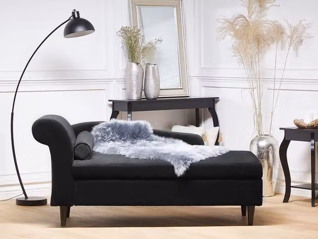 Chaise longue BELIANI in velluto nero con contenitore e versione sinistra L/P/H: 160 x 70 x 77 cm
