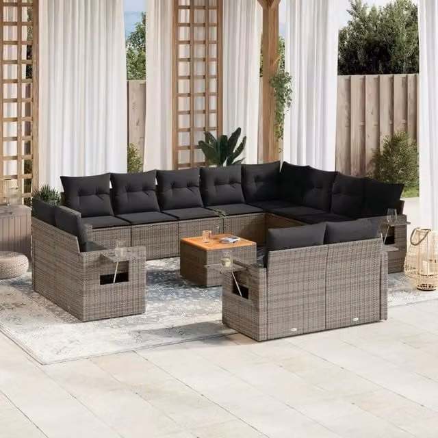 Set di Divani da Giardino VIDAXL a Forma di U in Polyrattan Grigio con 13 Pezzi e Cuscini