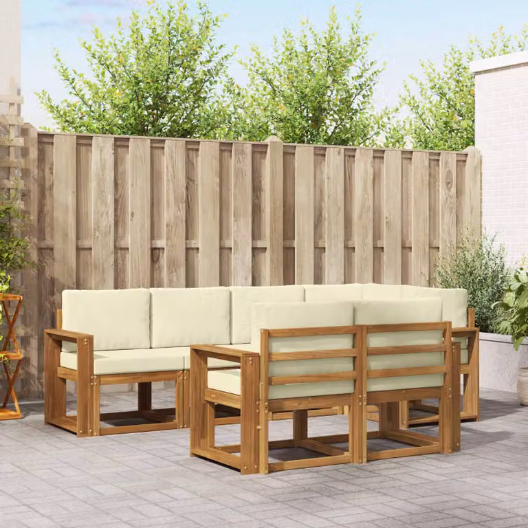 Set di divani da esterno vidaXL 7 pz in legno di acacia con cuscini, design moderno a L, colori beige, bianco e marrone