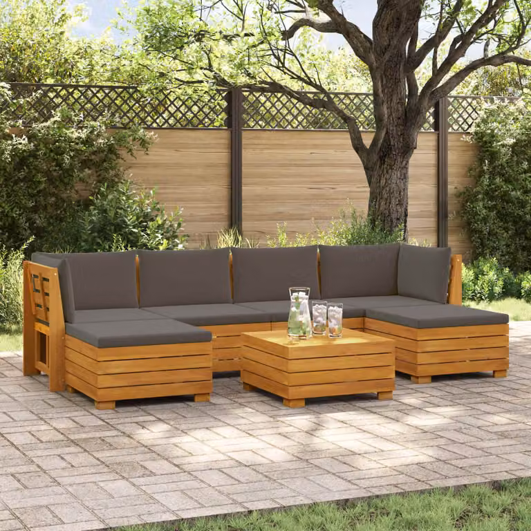 Set di divani da esterno vidaXL in legno di acacia massello marrone con 7 pezzi, include tavolino e pouf, design moderno a L con cuscini rimovibili e resistenti alle intemperie