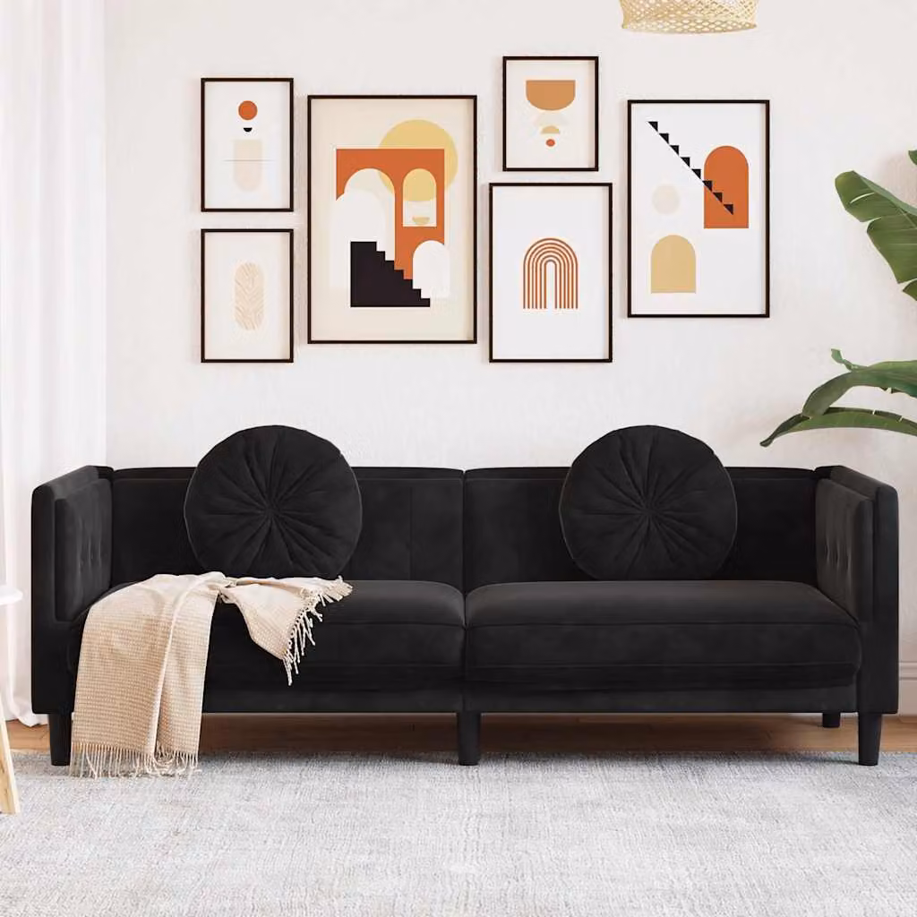 vidaXL Divano a 3 Posti Moderno in Velluto Nero con Cuscini e Struttura in Legno L: 193.5 cm x P: 70 cm x H: 77 cm