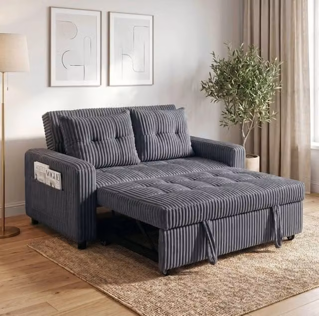Divano letto 2 posti ULEVR 190x126 cm trasformabile, schienale regolabile in 3 posizioni, velluto a coste grigio scuro