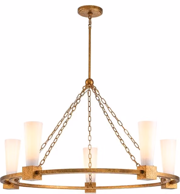 Lampadario a sospensione Elstead Kristy in stile Art Déco oro con vetro opale bianco, Diametro: 106 cm, Altezza: 229,2 cm