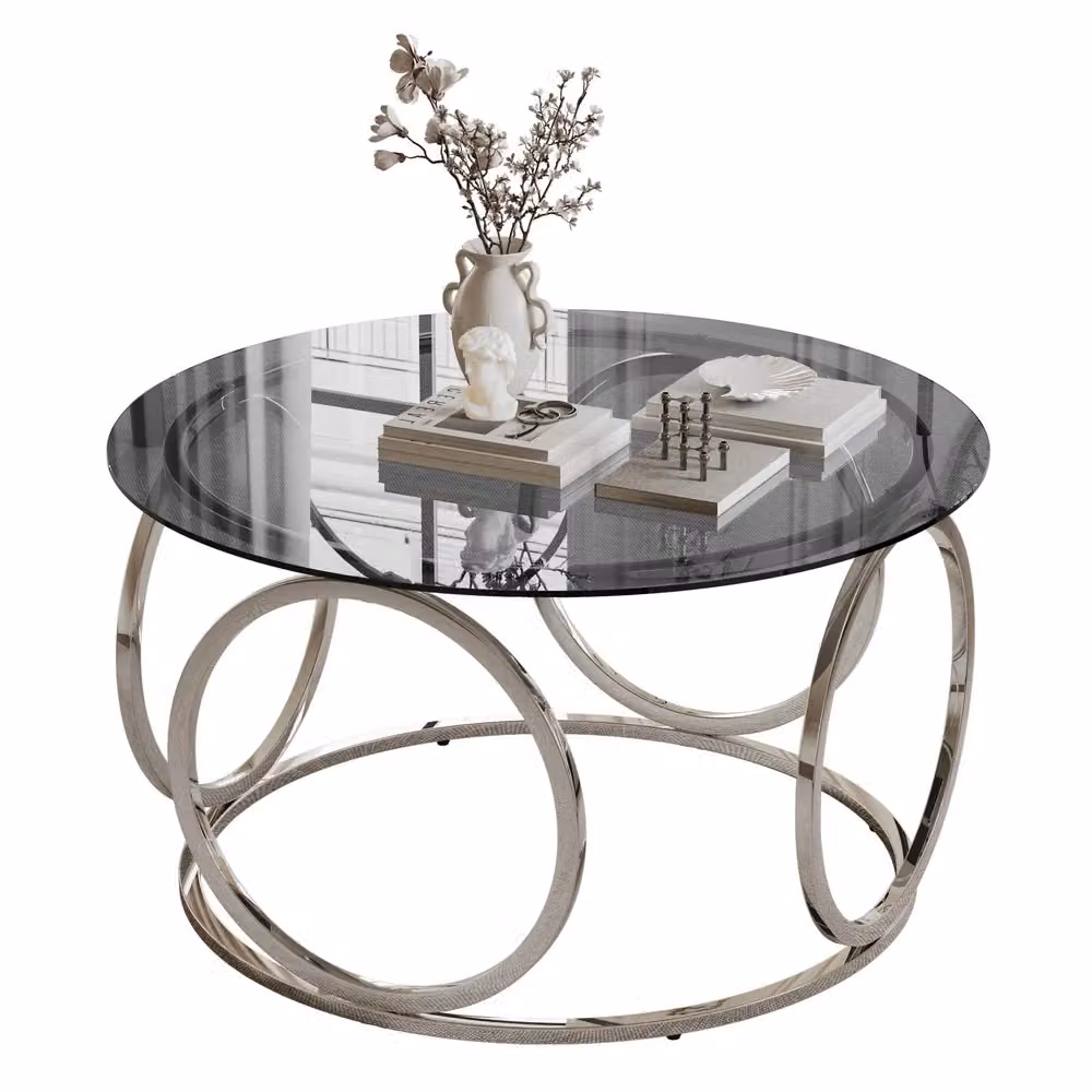 Tavolo Rotondo Moderno Minimal con Piano in Vetro Temperato Grigio e Telaio in Metallo Argento, Diametro: 80 cm – 2