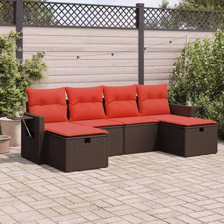 Set Divano da Giardino a L vidaXL 6 pz in Polyrattan Marrone con Cuscini e Struttura in Acciaio
