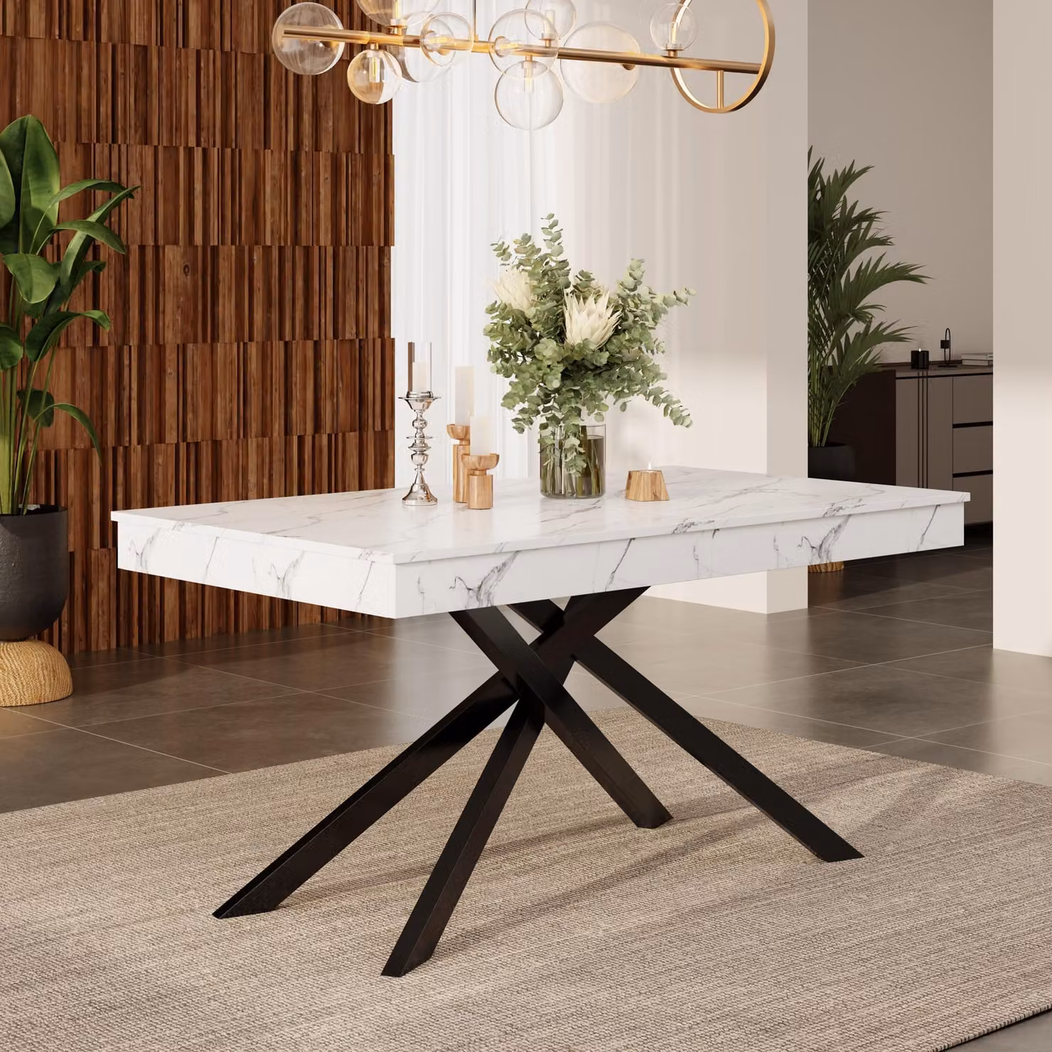 MODFU Tavolo da pranzo allungabile da soggiorno con piano ispessito, tavolo da cucina pieghevole con gambe in metallo e forma corretta, adatto per 6-8 persone, bianco